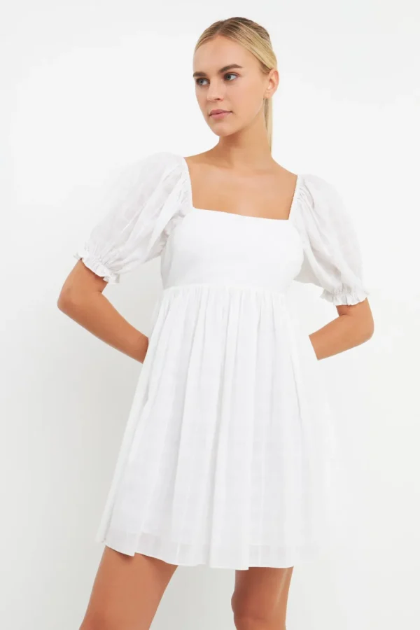 ENGLISH FACTORY Puff Sleeve*- Mix Media Square Neck Mini Dress WHITE