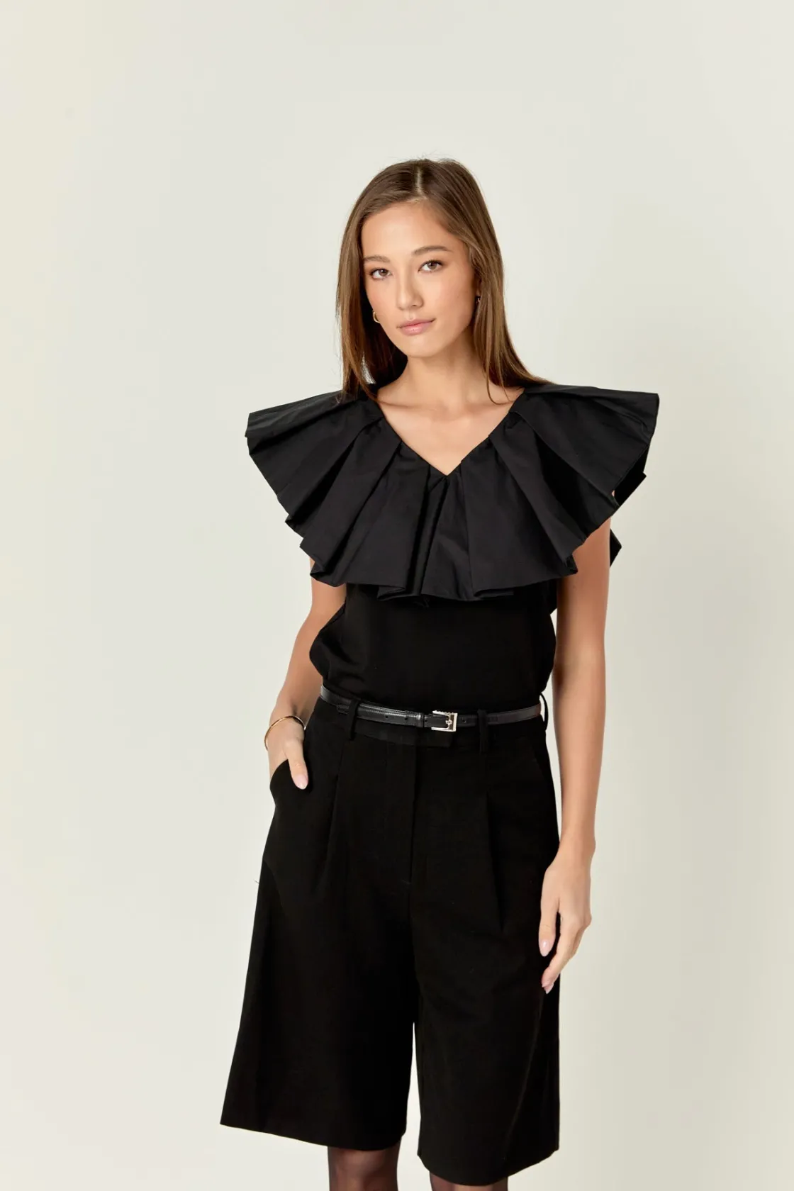 english_factory__mix_medi_3.webp ENGLISH FACTORY Tops*- Mix Media Ruffled Sleeveless Top BLACK