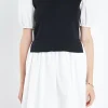 ENGLISH FACTORY Tops*- Mixed Media Collared Mini Dress BLACK/IVORY