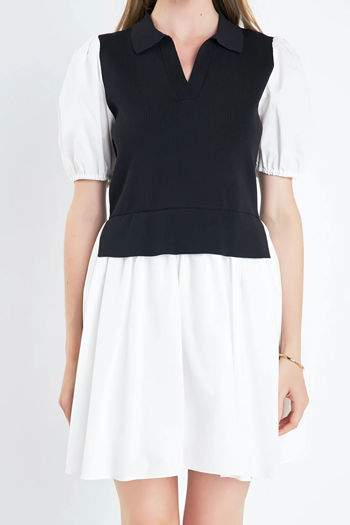 english_factory__mixed_me_0-1.webp ENGLISH FACTORY Tops*- Mixed Media Collared Mini Dress BLACK/IVORY