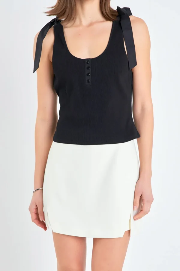 ENGLISH FACTORY Tops*- Mixed Media Bow Tie Ribbed Henley Tank
