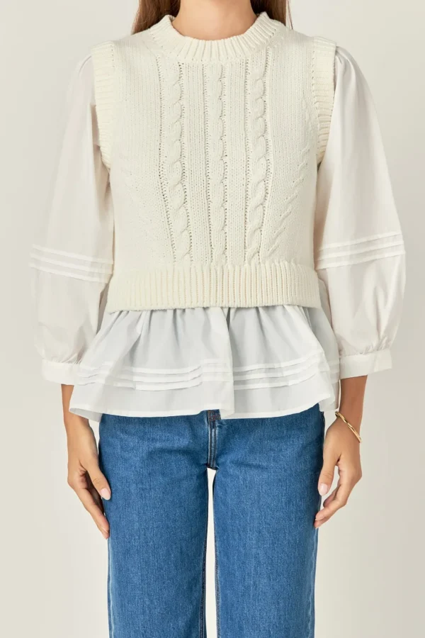 ENGLISH FACTORY Tops*- Mixed Media Cable Top OFFWHITE