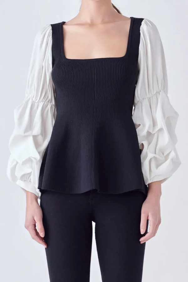 ENGLISH FACTORY Tops*- Mixed Media Ribbed Top BLACK/WHITE