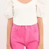ENGLISH FACTORY Tops*- Mixed Media Puff Sleeve Crop Top OFFWHITE