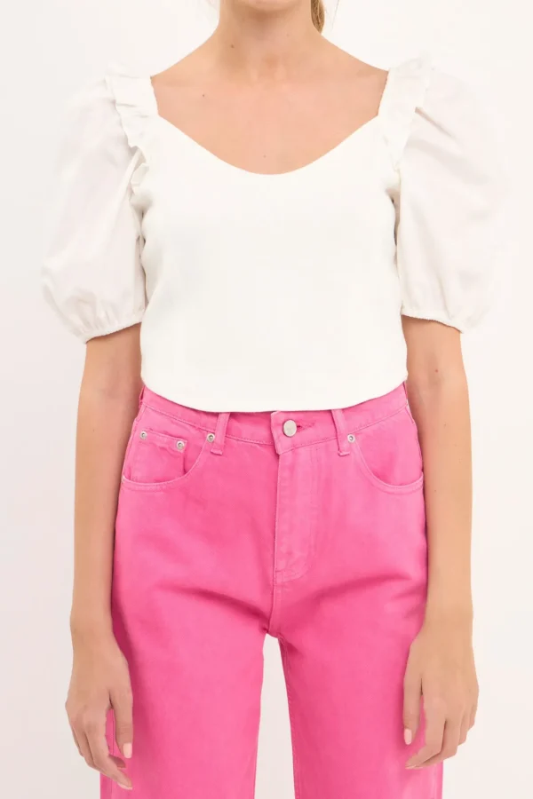 ENGLISH FACTORY Tops*- Mixed Media Puff Sleeve Crop Top OFFWHITE