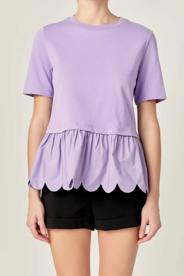 ENGLISH FACTORY Tops*- Mixed Media Scallop Detail T-shirt