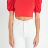 ENGLISH FACTORY Tops*- Mixed Media Puff Sleeve Knit Top