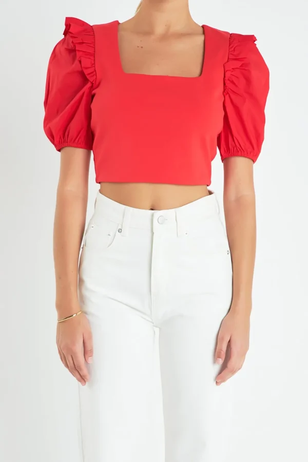 ENGLISH FACTORY Tops*- Mixed Media Puff Sleeve Knit Top
