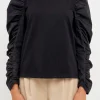 ENGLISH FACTORY Tops*- Mixed Media Shirring Sleeve Top BLACK