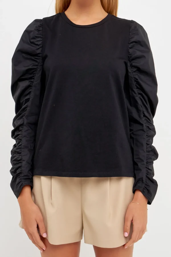 ENGLISH FACTORY Tops*- Mixed Media Shirring Sleeve Top BLACK