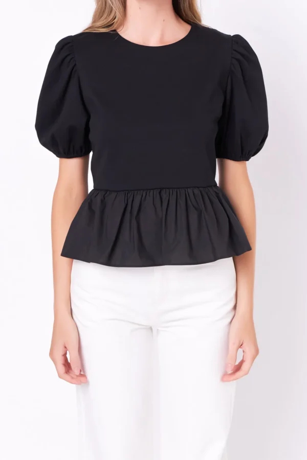 ENGLISH FACTORY Tops*- Mixed Media Bubble Top