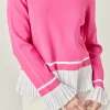 ENGLISH FACTORY Tops*- Mixed Media Pleated Knit Top PINK/WHITE