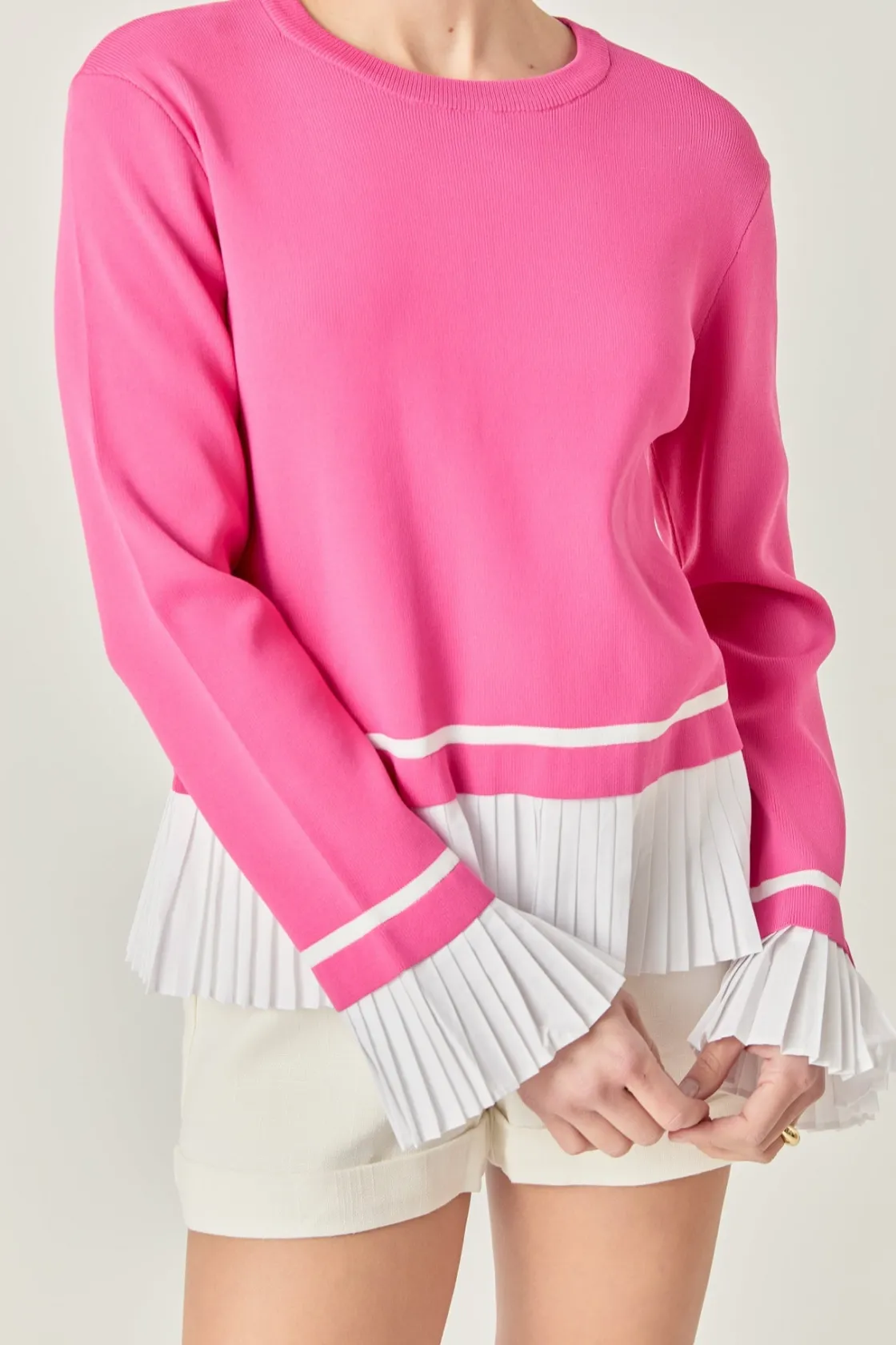 english_factory__mixed_me_0-22.webp ENGLISH FACTORY Tops*- Mixed Media Pleated Knit Top PINK/WHITE