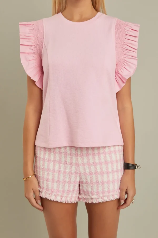 ENGLISH FACTORY Matching Sets | Tops*- Mixed Media Knit Ruffled Top PINK