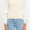 ENGLISH FACTORY Sweaters & Knits | Tops*- Mixed Media Square Neckline Knit Top BEIGE/WHITE