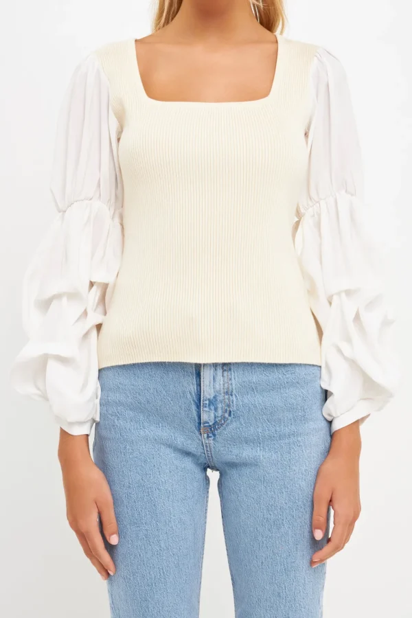 ENGLISH FACTORY Sweaters & Knits | Tops*- Mixed Media Square Neckline Knit Top BEIGE/WHITE