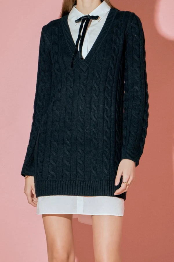 ENGLISH FACTORY Sweaters & Knits | Tops*- Mixed Media Cable Knit V-Neck Drop Sweater Dress