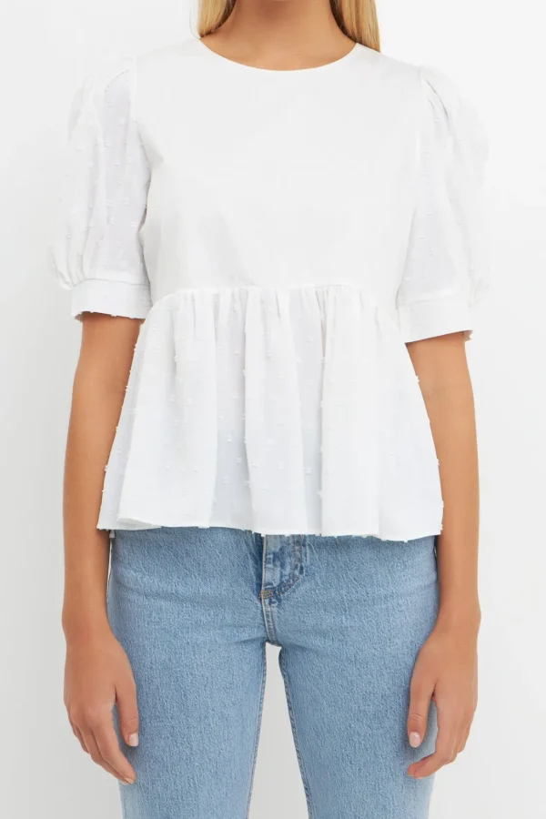 ENGLISH FACTORY Tops*- Mixed Media Swiss Dot High Low Top WHITE