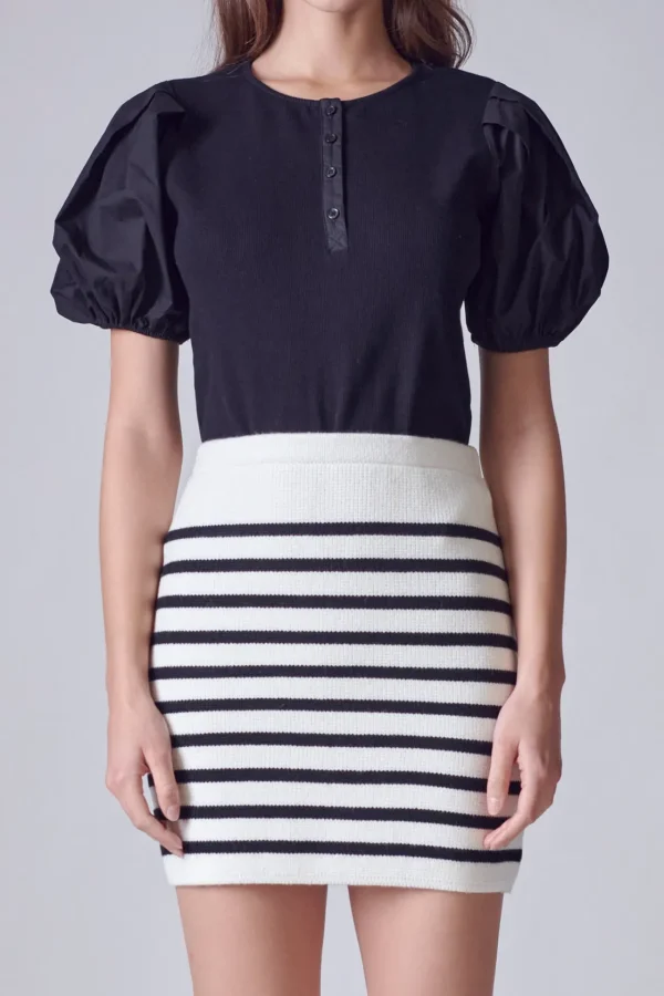 ENGLISH FACTORY Sweaters & Knits*- Mixed Media Puff Sleeve Henley Top