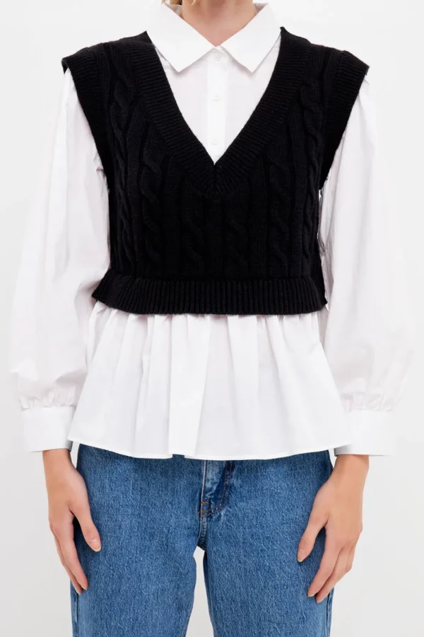 ENGLISH FACTORY Sweaters & Knits | Vest*- Mixed Media Sweater Vest Top BLACK/WHITE