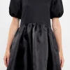 ENGLISH FACTORY Puff Sleeve | Tops*- Mixed Media Organza Mini Dress BLACK