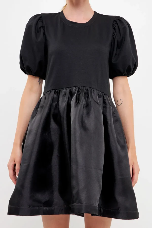 ENGLISH FACTORY Puff Sleeve | Tops*- Mixed Media Organza Mini Dress BLACK