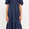 ENGLISH FACTORY Puff Sleeve*- Mixed Media Midi Dress NAVY
