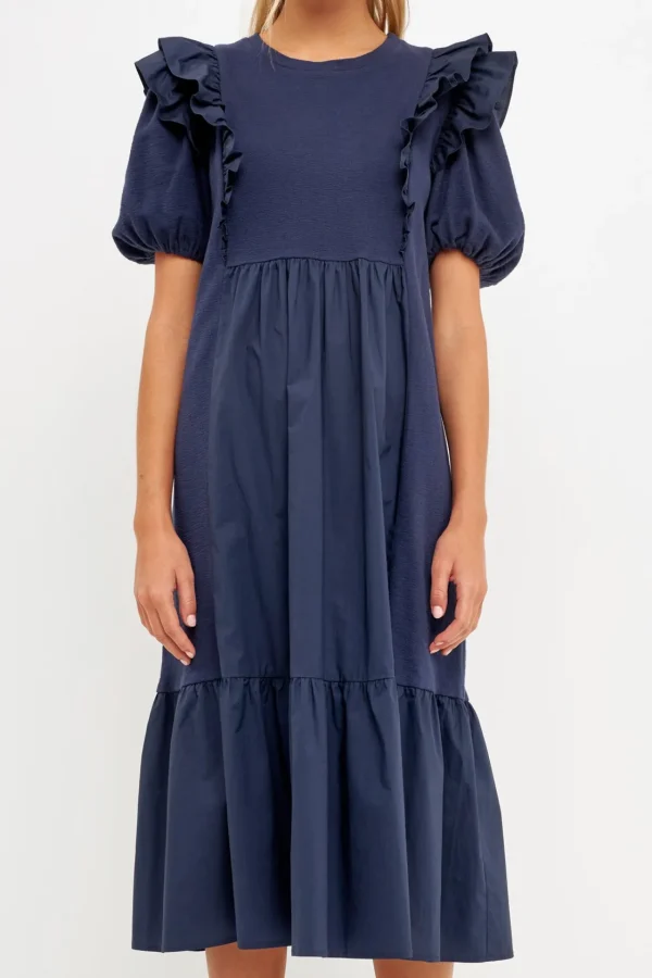 ENGLISH FACTORY Puff Sleeve*- Mixed Media Midi Dress NAVY