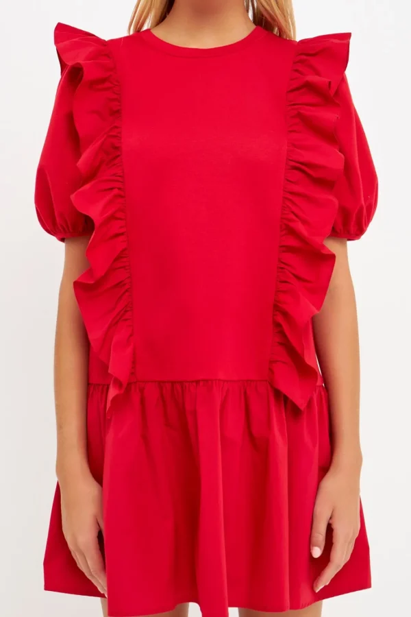 ENGLISH FACTORY Puff Sleeve | Tops*- Mixed Media Ruffle Detail Mini Dress