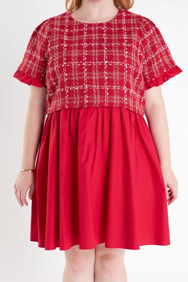 ENGLISH FACTORY Tweed Dresses | Tops*- Mixed Media Tweed Poplin Mini Dress RED
