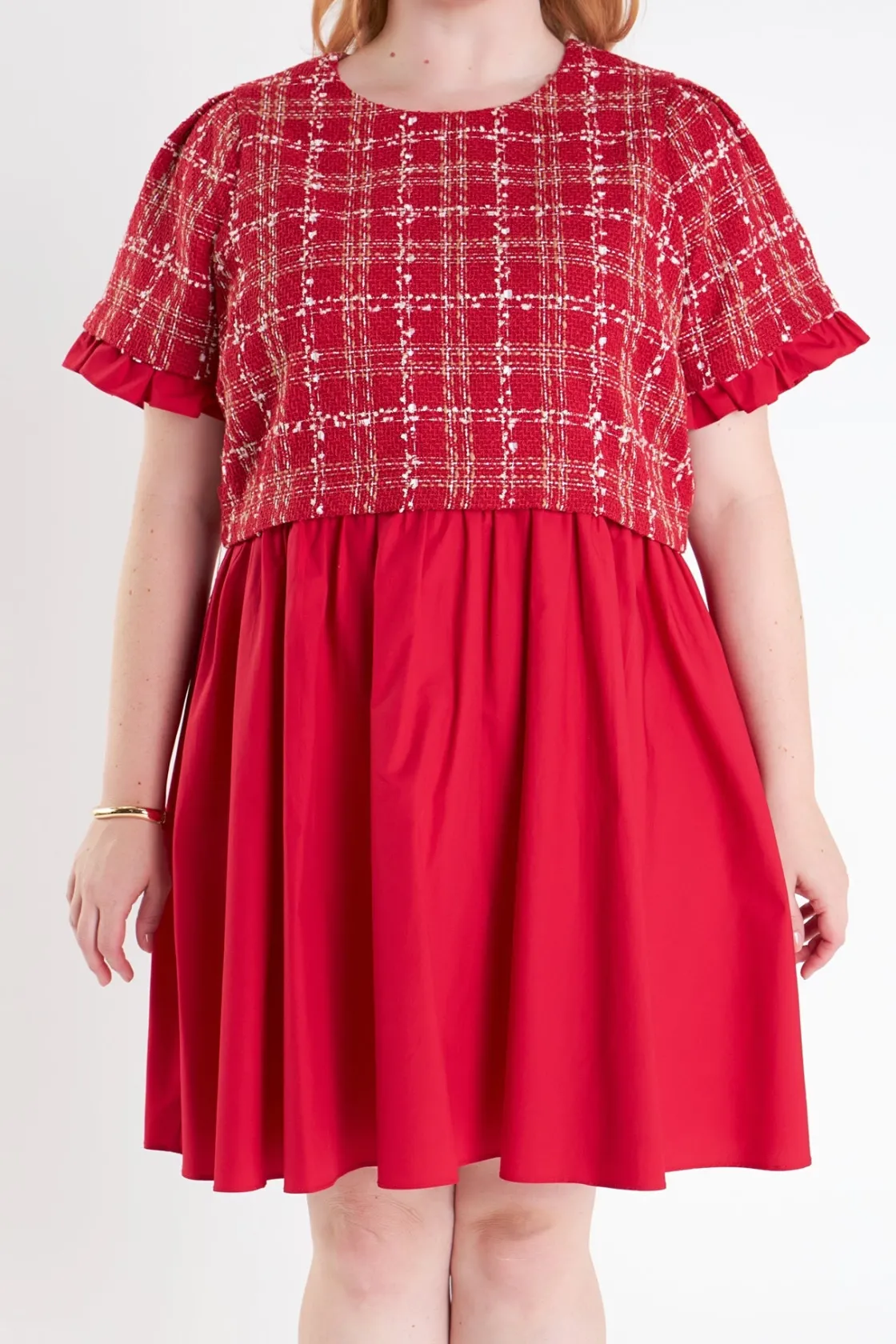 english_factory__mixed_me_0-41.webp ENGLISH FACTORY Tweed Dresses | Tops*- Mixed Media Tweed Poplin Mini Dress RED