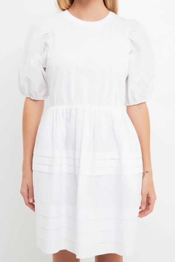 ENGLISH FACTORY White Dresses | Tops*- Mixed Media Pleats Mini Dress WHITE