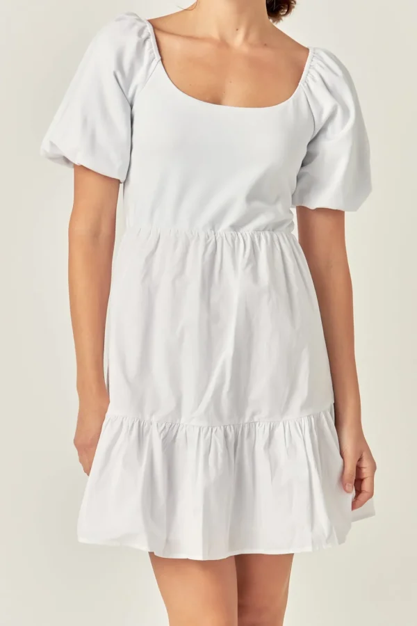 ENGLISH FACTORY White Dresses | Tops*- Mixed Media Puff Sleeve Back Bow Dress WHITE