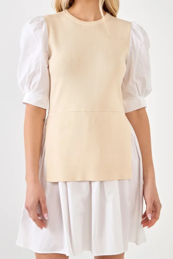 ENGLISH FACTORY White Dresses | Puff Sleeve*- Mixed Media Puff Sleeve Mini Dress