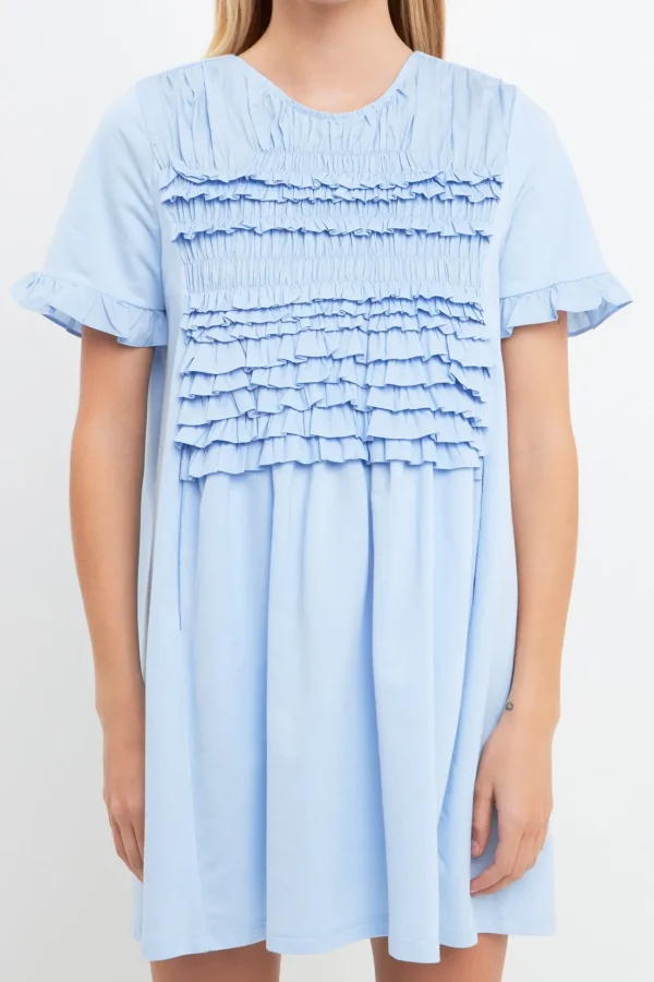 ENGLISH FACTORY Tops*- Mixed Media Ruffle Detail Dress POWDERBLUE