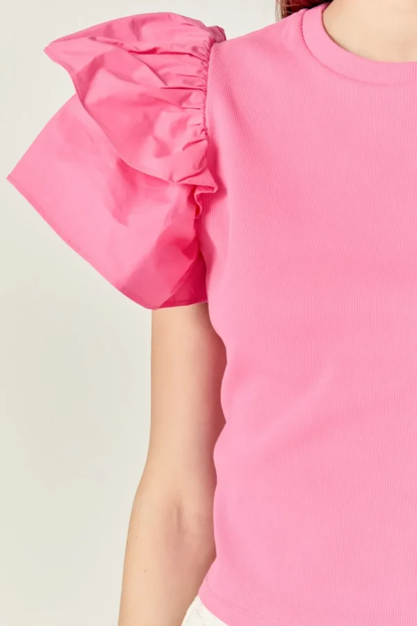 ENGLISH FACTORY Tops*- Mixed Media Ruffled Knit Top