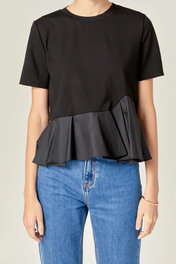 ENGLISH FACTORY Tops*- Mixed Media Ruffled Top BLACK