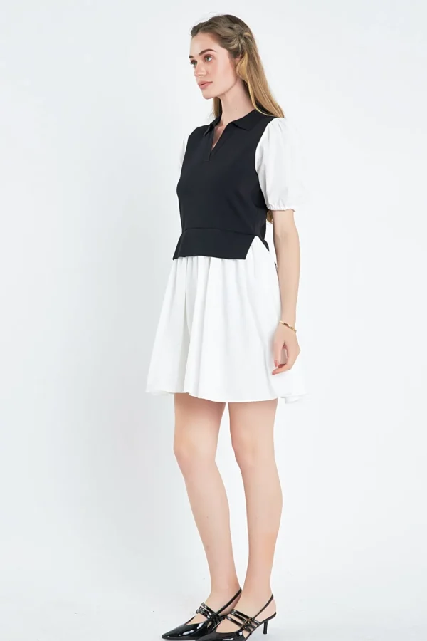ENGLISH FACTORY Tops*- Mixed Media Collared Mini Dress BLACK/IVORY