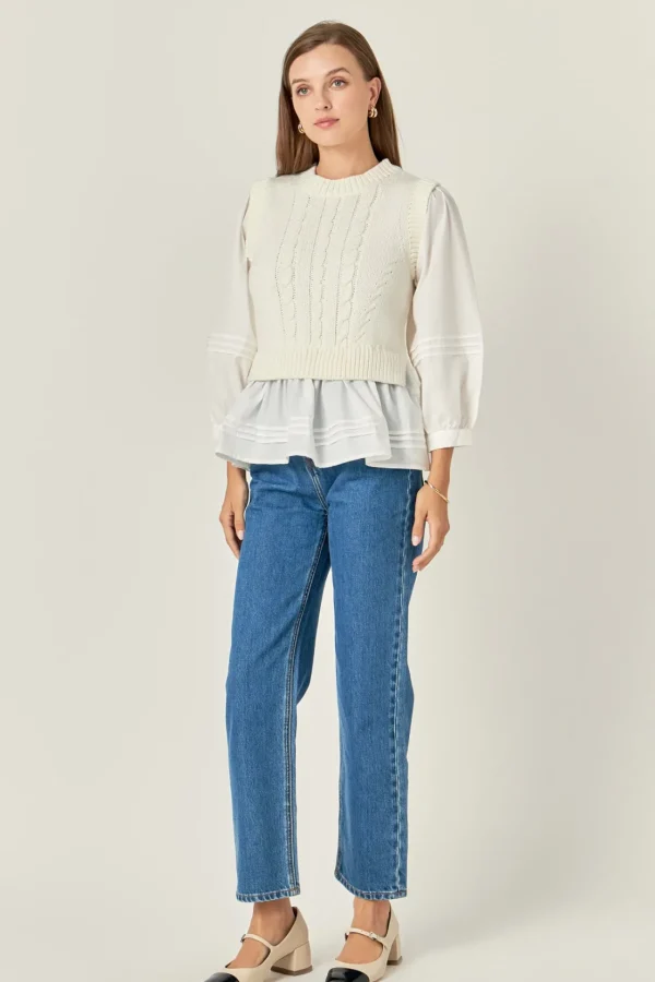 ENGLISH FACTORY Tops*- Mixed Media Cable Top OFFWHITE