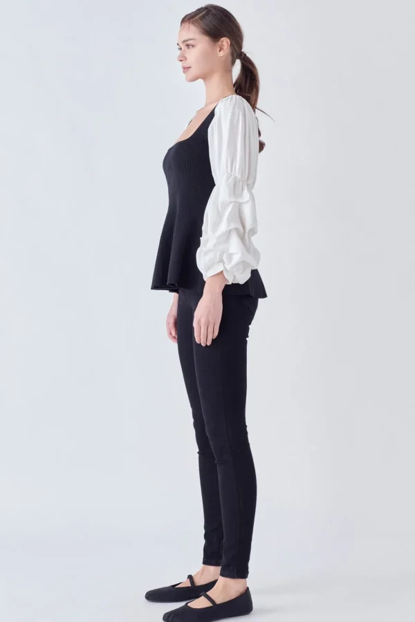 ENGLISH FACTORY Tops*- Mixed Media Ribbed Top BLACK/WHITE