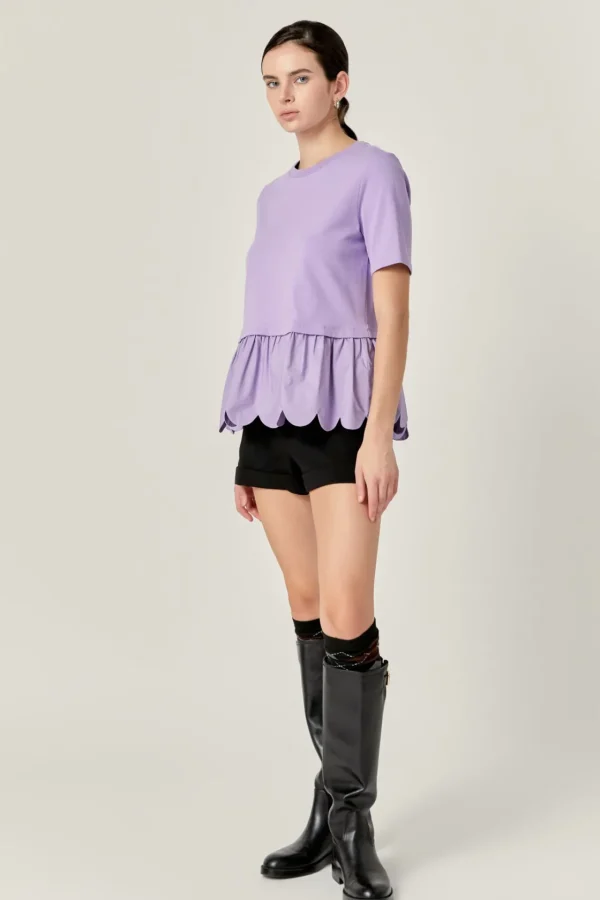 ENGLISH FACTORY Tops*- Mixed Media Scallop Detail T-shirt