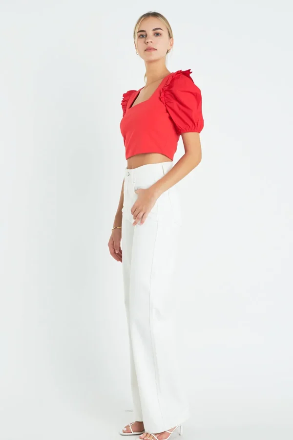 ENGLISH FACTORY Tops*- Mixed Media Puff Sleeve Knit Top