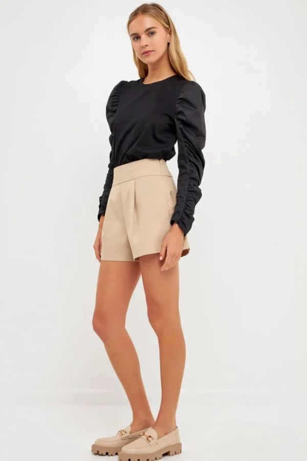 ENGLISH FACTORY Tops*- Mixed Media Shirring Sleeve Top BLACK