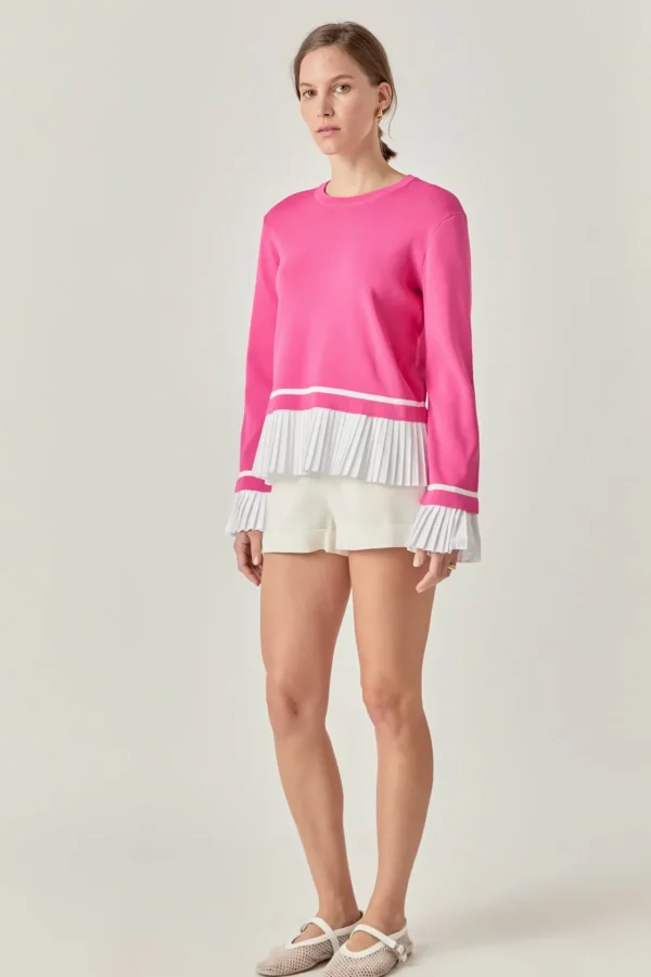 ENGLISH FACTORY Tops*- Mixed Media Pleated Knit Top PINK/WHITE