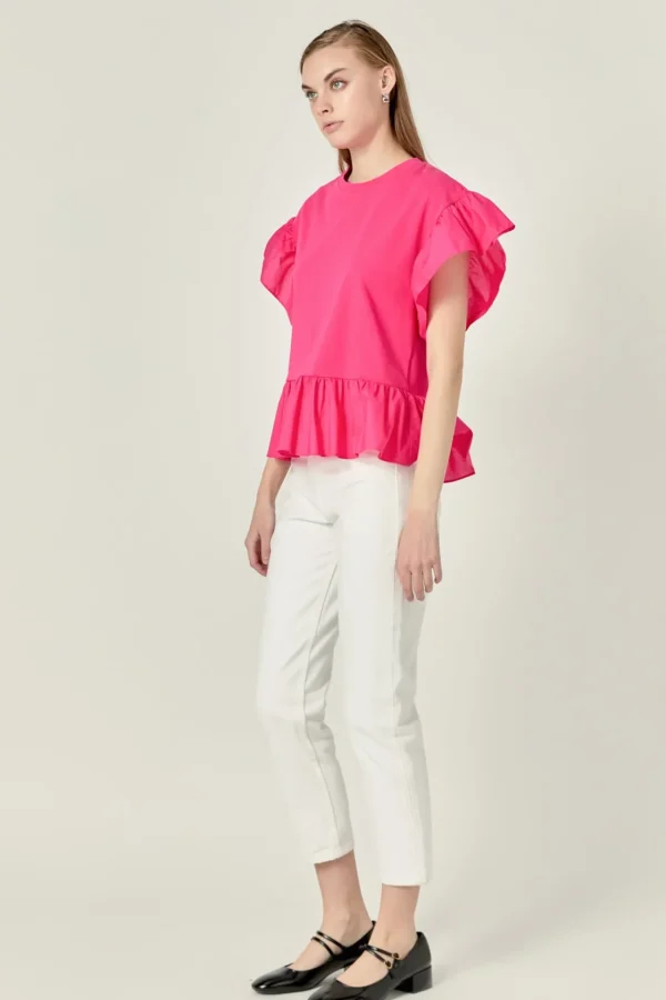 ENGLISH FACTORY Tops*- Mixed Media Knit Top in Fuchsia
