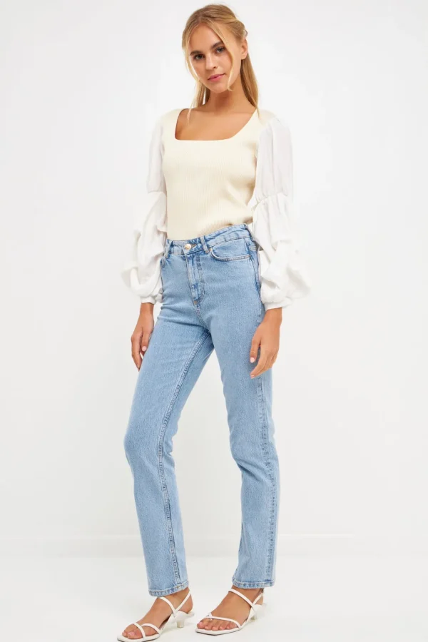 ENGLISH FACTORY Sweaters & Knits | Tops*- Mixed Media Square Neckline Knit Top BEIGE/WHITE
