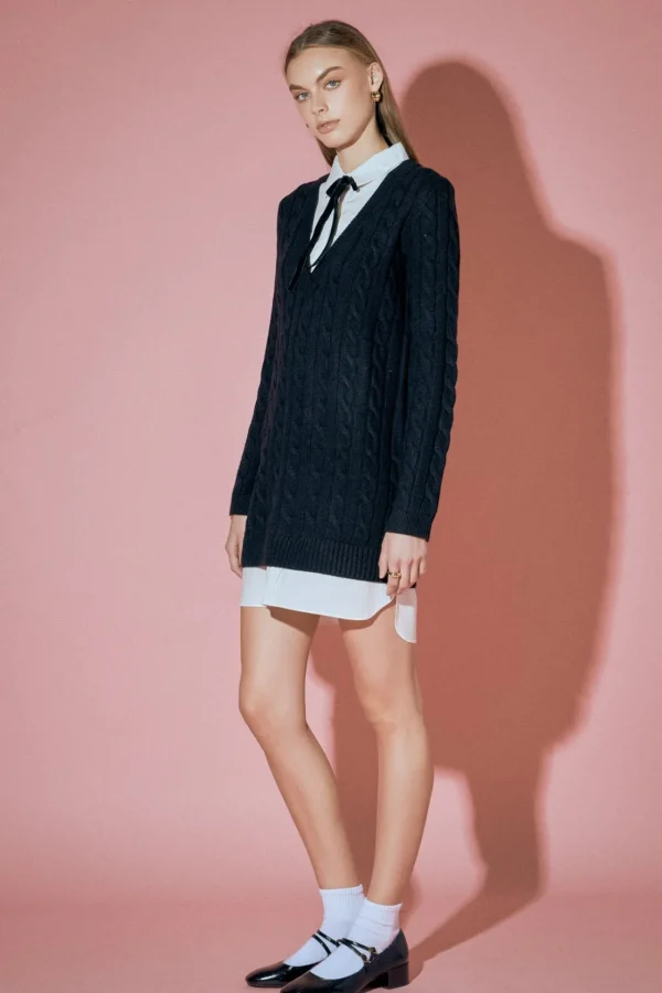ENGLISH FACTORY Sweaters & Knits | Tops*- Mixed Media Cable Knit V-Neck Drop Sweater Dress