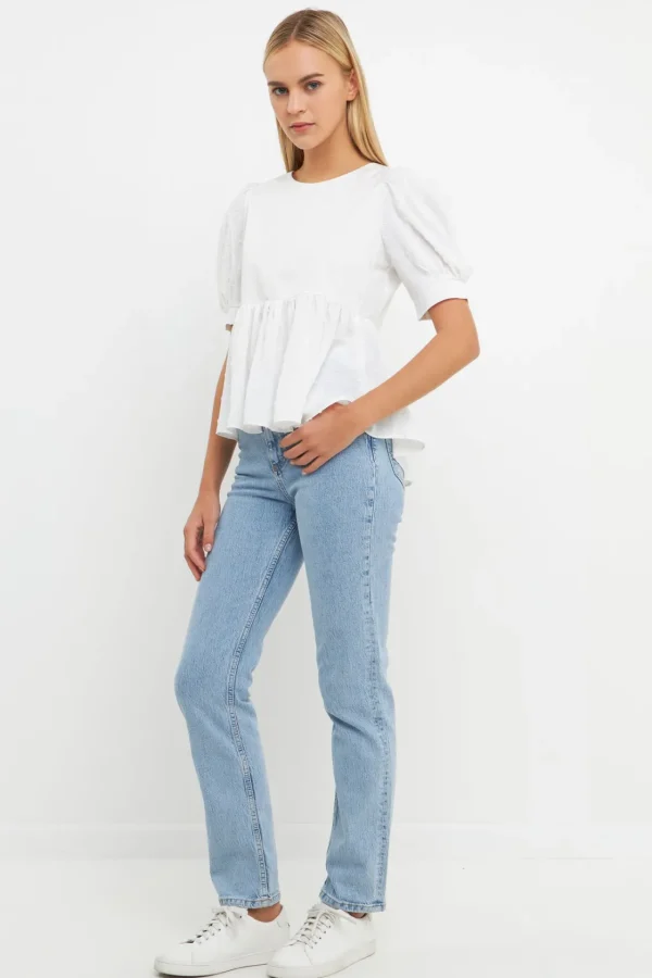 ENGLISH FACTORY Tops*- Mixed Media Swiss Dot High Low Top WHITE
