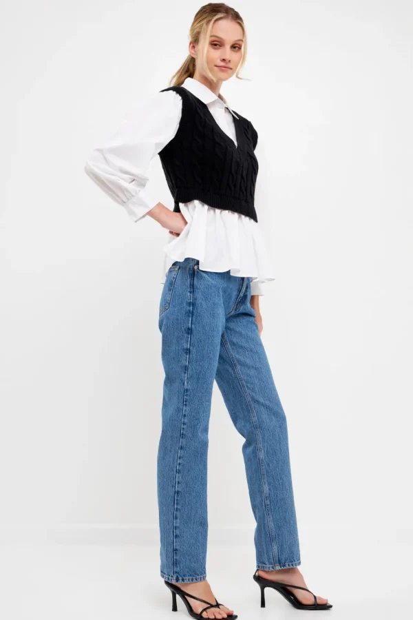 ENGLISH FACTORY Sweaters & Knits | Vest*- Mixed Media Sweater Vest Top BLACK/WHITE
