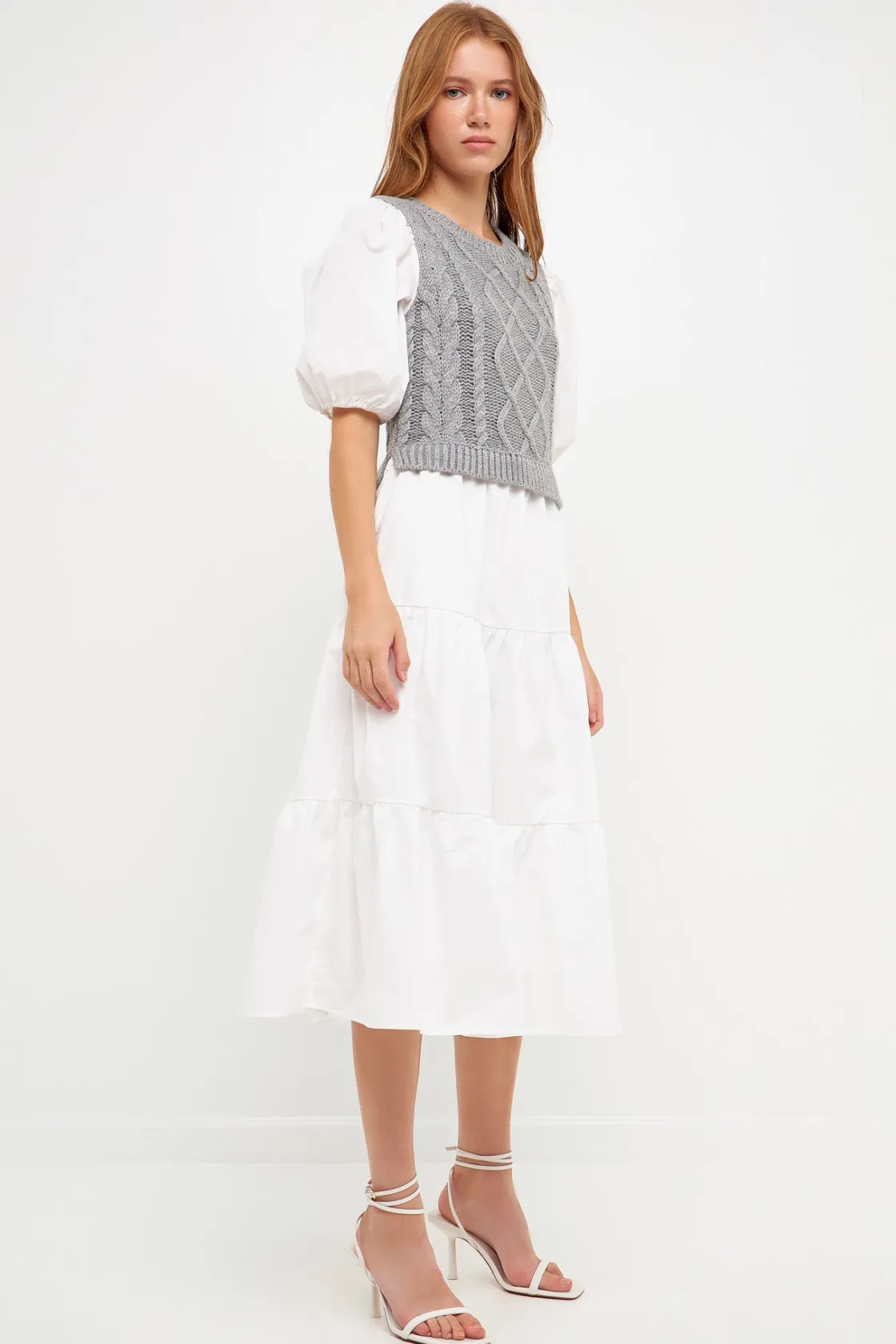 english_factory__mixed_me_1-33.webp ENGLISH FACTORY Sweaters & Knits*- Mixed Media Cable Knit Down Midi Dress